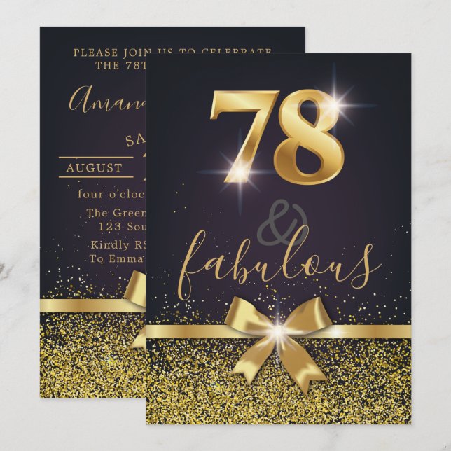 Invitación Elegante 78 y fabuloso Purpurina de oro 78 cumplea (Anverso / Reverso)