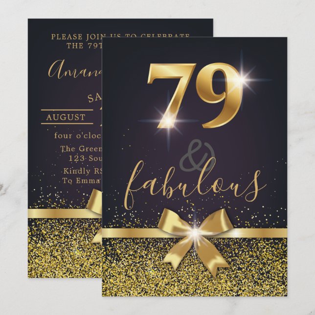 Invitación Elegante 79 y fabuloso Purpurina de oro 79 cumplea (Anverso / Reverso)