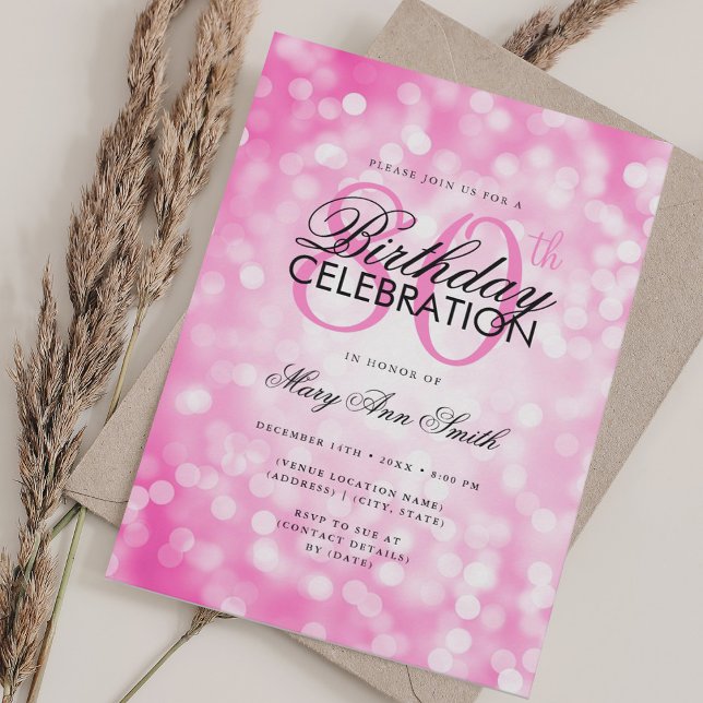 Invitación Elegante 80º cumpleaños Glam Pink Hot Shimmer Luz (Elegant 80th Birthday Glam Pink Hot Shimmer Light Invitation)