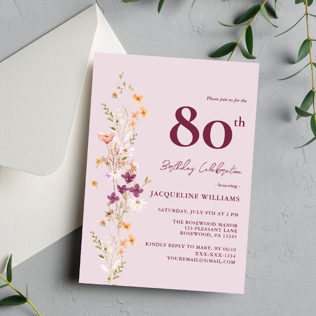 Invitación Elegante 80.º cumpleaños de Flora Silvestre Floral (Subido por el creador)