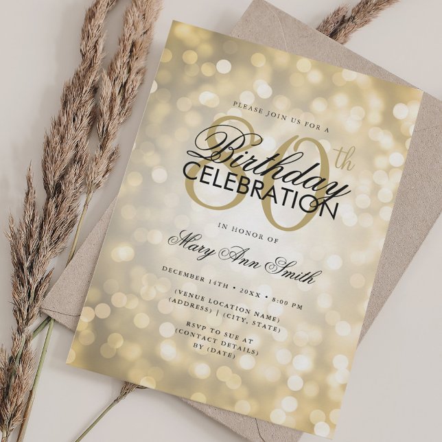Invitación Elegante 80.º Día Glam Luces Luminosas Luminosas L (Elegant 80th Birthday Glam Gold Shimmer Lights Invitation)