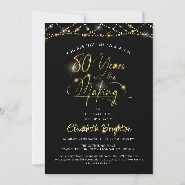 Invitación Elegante 80 años luz de escritura de oro negro (Anverso)