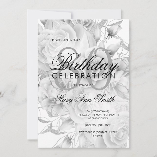 Invitación Elegante 80 cumpleaños fiesta Floral Plata Blanco (Anverso)