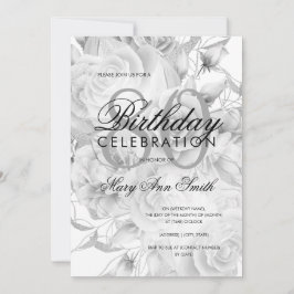 Invitación Elegante 80 cumpleaños fiesta Floral Plata Blanco