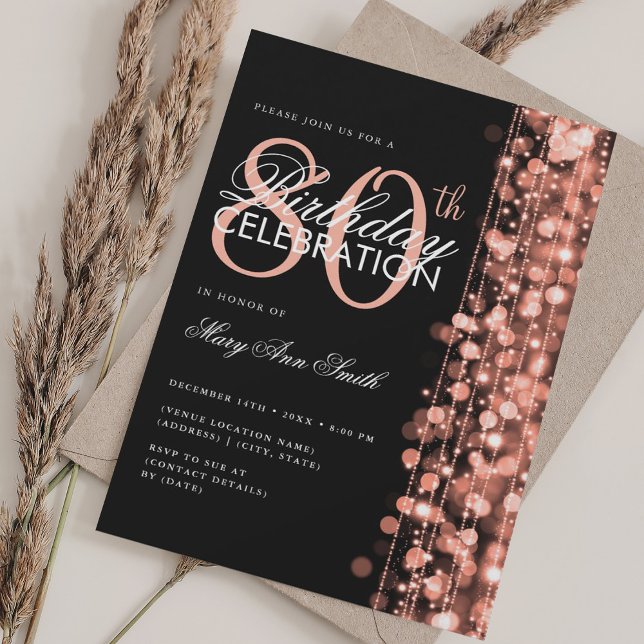Invitación Elegante 80 cumpleaños Glam Sparkle Rosa Gold (Elegant 80th Birthday Party Glam Sparkle Rose Gold Invitation)