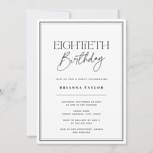 Invitación Elegante 80 cumpleaños negro y blanco (Anverso)