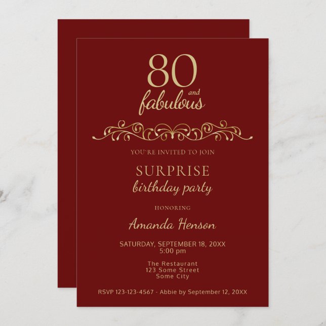 Invitación Elegante 80 y fabuloso cumpleaños 80 (Anverso / Reverso)