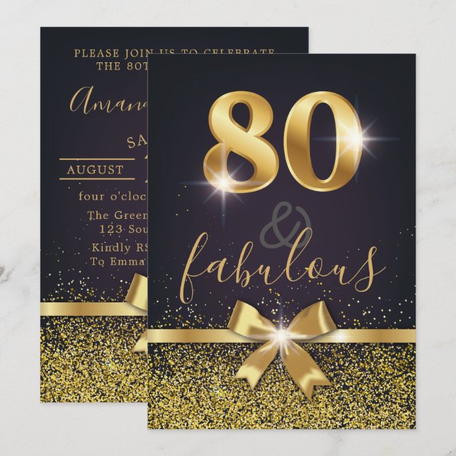 Invitación Elegante 80 y fabuloso Purpurina de oro 80 cumplea (Anverso / Reverso)