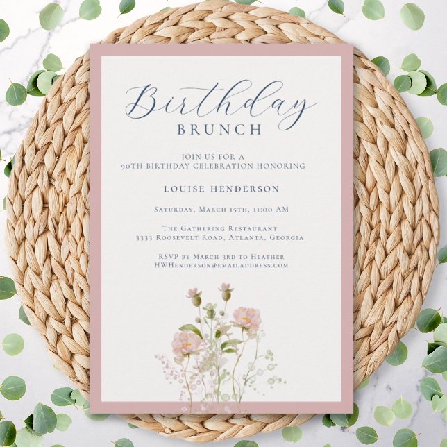 Invitación Elegante 90.ª caligrafía rosada Cumpleaños de Flor (Subido por el creador)