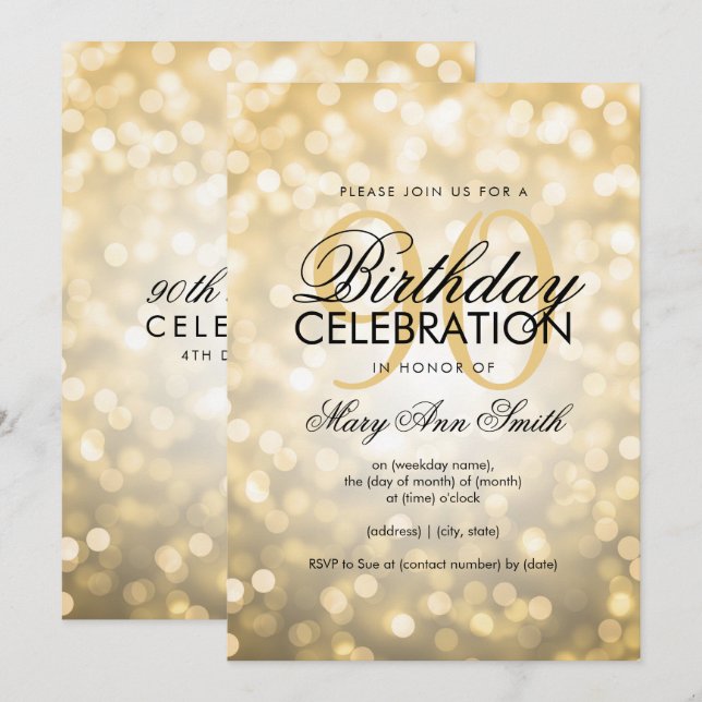 Invitación Elegante 90.ª Fiesta de Cumpleaños Luces Purpurina (Anverso / Reverso)
