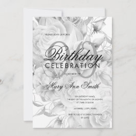 Invitación Elegante 90 cumpleaños fiesta Floral Plata Blanco