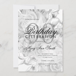 Invitación Elegante 90 cumpleaños fiesta Floral Plata Blanco