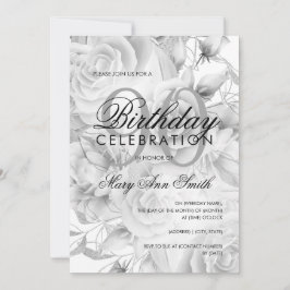 Invitación Elegante 90 cumpleaños fiesta Floral Plata Blanco