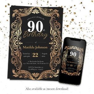 Invitación Elegante 90 cumpleaños oro negro vintage glamoroso