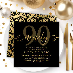 Invitación Elegante 90 Guión de Oro Negro 90 cumpleaños