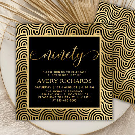 Invitación Elegante 90 Guión de Oro Negro 90 cumpleaños