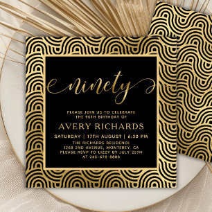Invitación Elegante 90 Guión de Oro Negro 90 cumpleaños