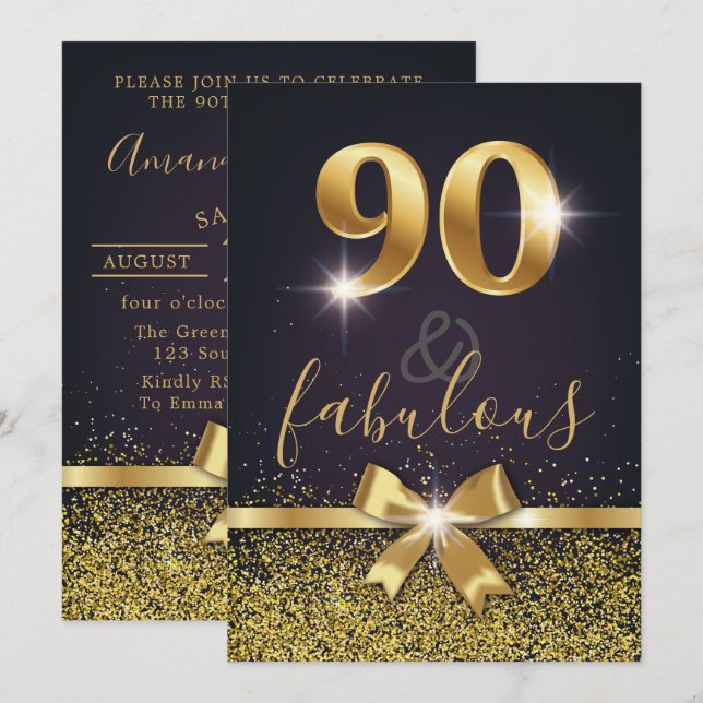 Invitación Elegante 90 y fabuloso Purpurina de oro 90 cumplea (Anverso / Reverso)