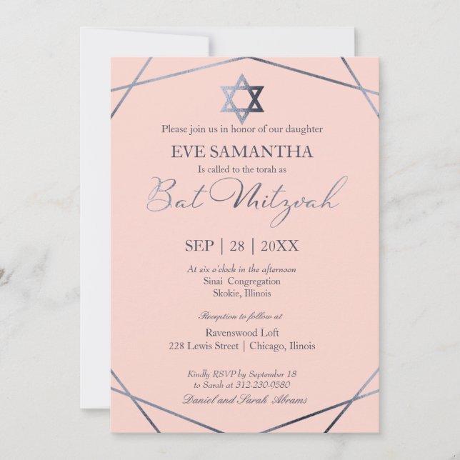 Invitación elegante a Bat Mitzvah con foil geométr (Anverso)