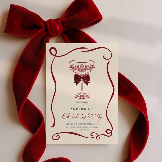 Invitación elegante a cóctel de Navidad (Red bow Christmas Party Invitation)