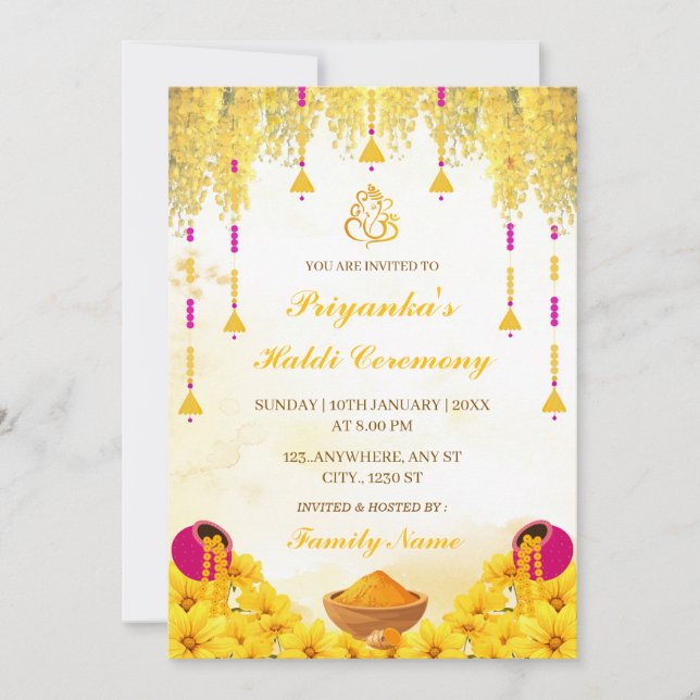 Invitación elegante a la ceremonia de Haldi floral (Anverso)