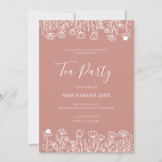 Invitación elegante a la fiesta del té en rosa pál (Anverso)