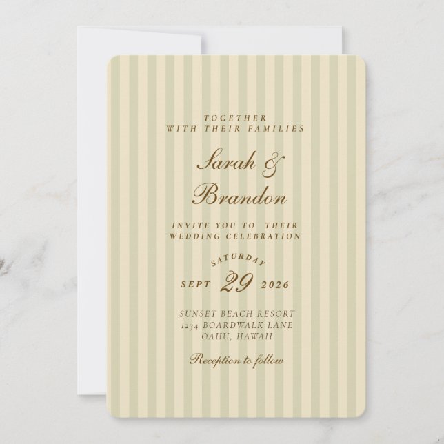 Invitación Elegante a rayas | Boda Beige Classic (Anverso)
