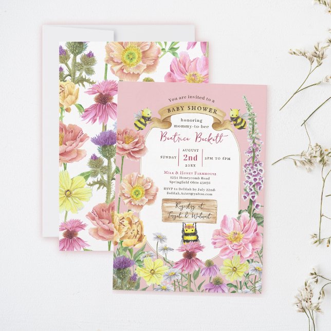 Invitación Elegante Abeja rosa pastel y Baby Shower de flores (Subido por el creador)