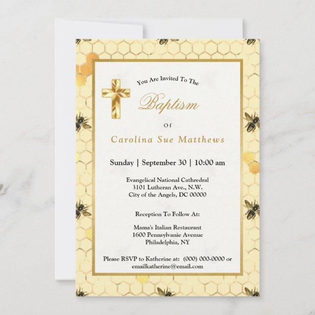 Invitación Elegante Abejas Amarillas Doradas Bautismo De Hone (Anverso)