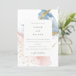 Invitación Elegante Abstract Watercolor Dorado Boda Azul Rosa