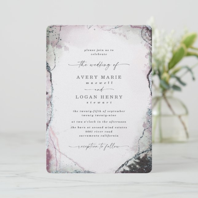 Invitación Elegante Abstracto Acuarela Boda Púrpura Claro (Anverso de pie)