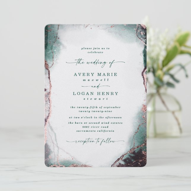 Invitación Elegante Abstracto Acuarela Boda Verde Esmeralda (Anverso de pie)