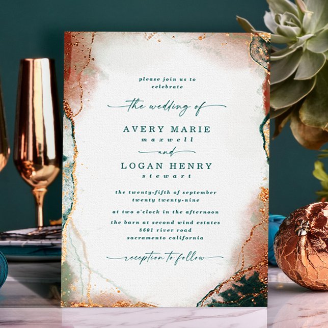 Invitación Elegante Abstracto Acuarela Verde azulada y Boda d (Teal and Copper Abstract Wedding Invitations)