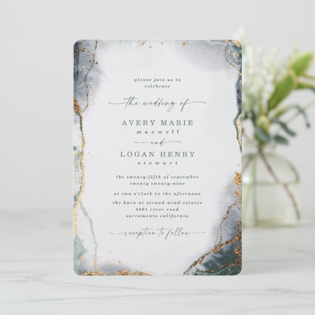 Invitación Elegante Abstracto Acuarela Verde y Boda Oro (Anverso de pie)