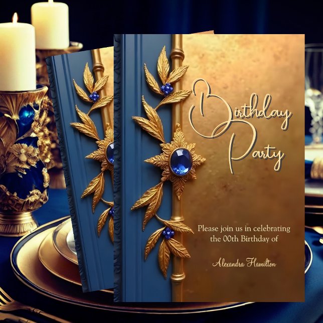Invitación Elegante Acero Royal Blue Gold Ornate Cumpleaños (Subido por el creador)