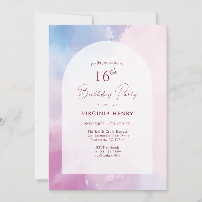 Invitación Elegante acuarela 16º cumpleaños (Anverso)