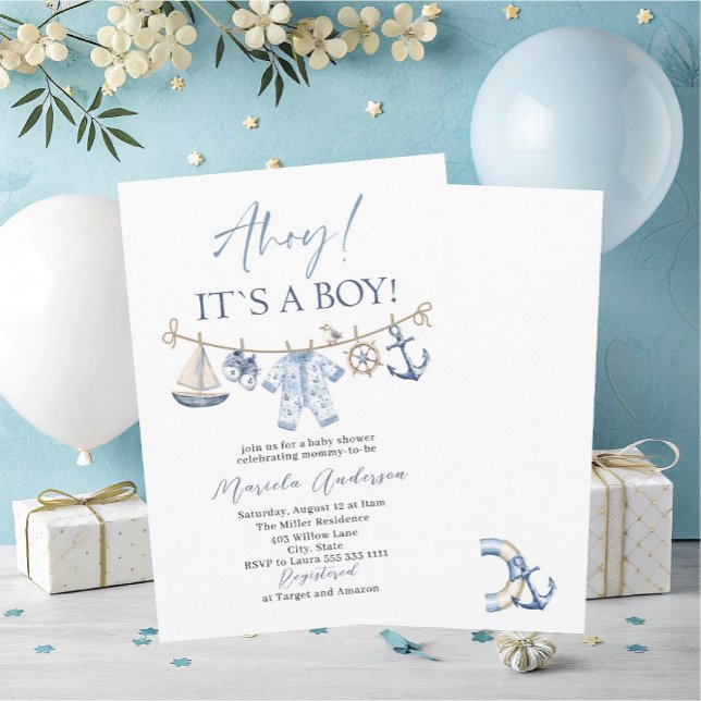 Invitación Elegante acuarela Ahoy es un niño Baby Shower (Subido por el creador)
