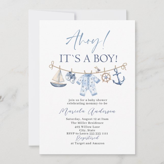 Invitación Elegante acuarela Ahoy es un niño Baby Shower (Anverso)