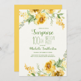 Invitación Elegante acuarela amarilla Floral 100 cumpleaños