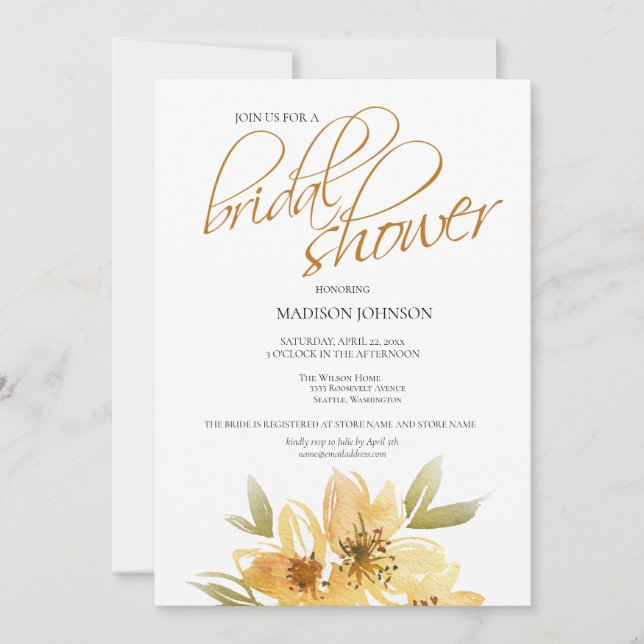 Invitación Elegante acuarela Amarilla Floral Bridal Shower (Anverso)