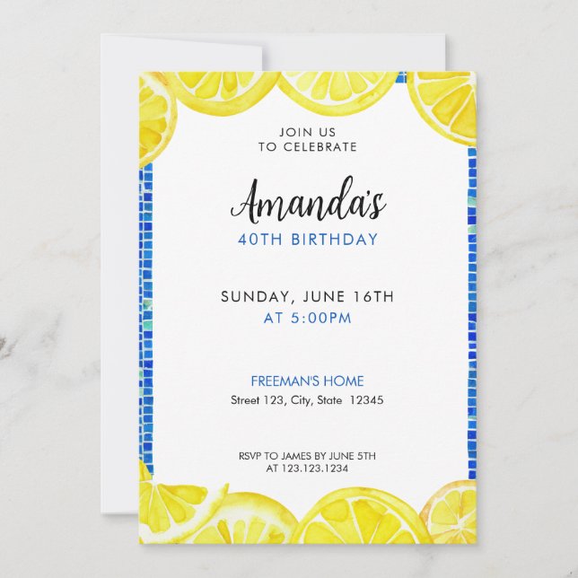 Invitación Elegante acuarela amarilla Lemones 40 cumpleaños (Anverso)