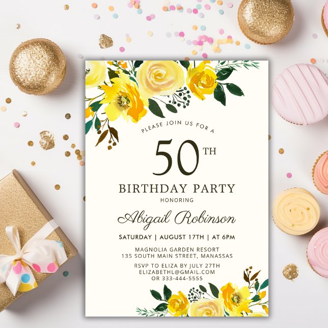 Invitación Elegante acuarela amarillo Floral 50 cumpleaños (Subido por el creador)