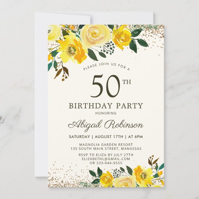 Invitación Elegante acuarela amarillo floral 50 cumpleaños (Anverso)