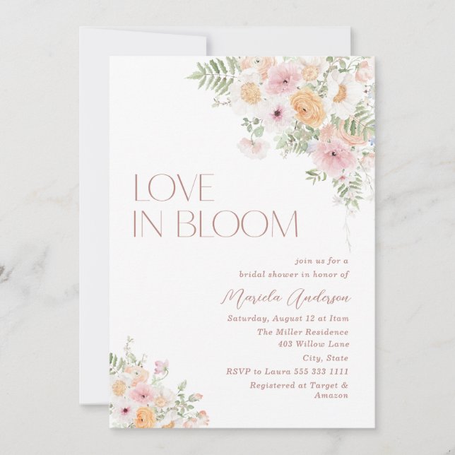 Invitación Elegante acuarela Amor en flores rosadas B (Anverso)