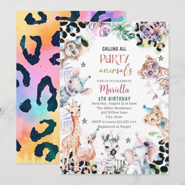 Invitación Elegante acuarela animales salvajes de safari infa (Anverso / Reverso)