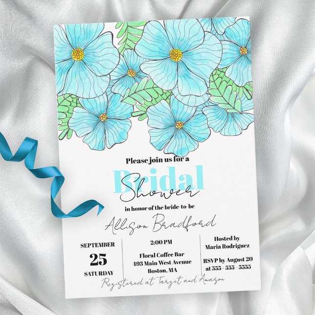 Invitación Elegante acuarela Aqua Blue Flowers Bridal Shower (Subido por el creador)