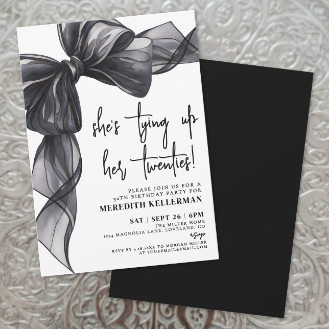 Invitación Elegante Acuarela Arco Cumpleaños Fiesta Blanco Ne (Elegant Watercolor Black White Bow Birthday Party Invitation)