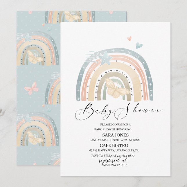 Invitación Elegante acuarela arco iris y mariposa Floral (Anverso / Reverso)