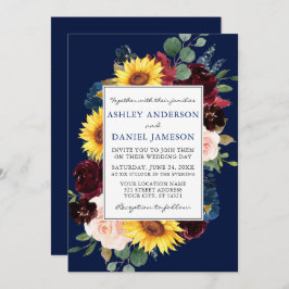 Invitación Elegante acuarela armazón floral mixto Boda azul