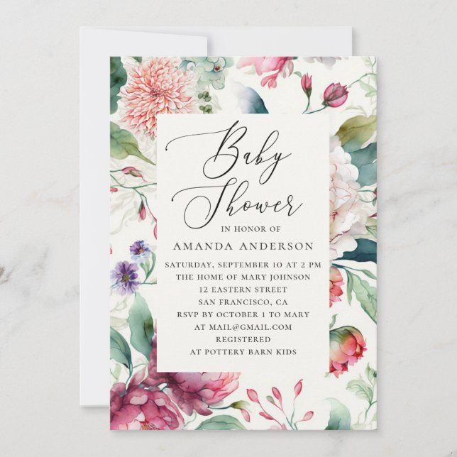 Invitación Elegante acuarela asiática boho floral ducha de be (Anverso)